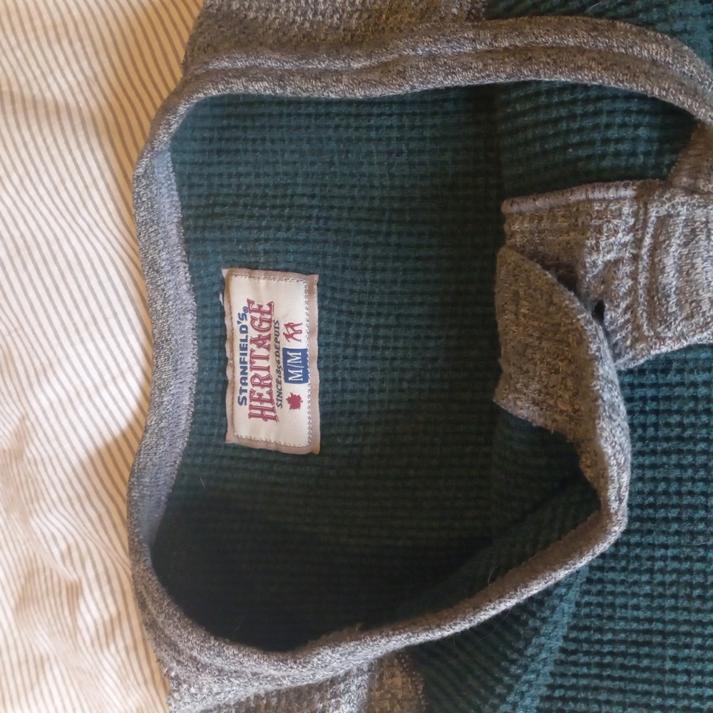 Stanfield Canadian Waffle Turquoise Gray Henley Shirt - Picture 2 of 4